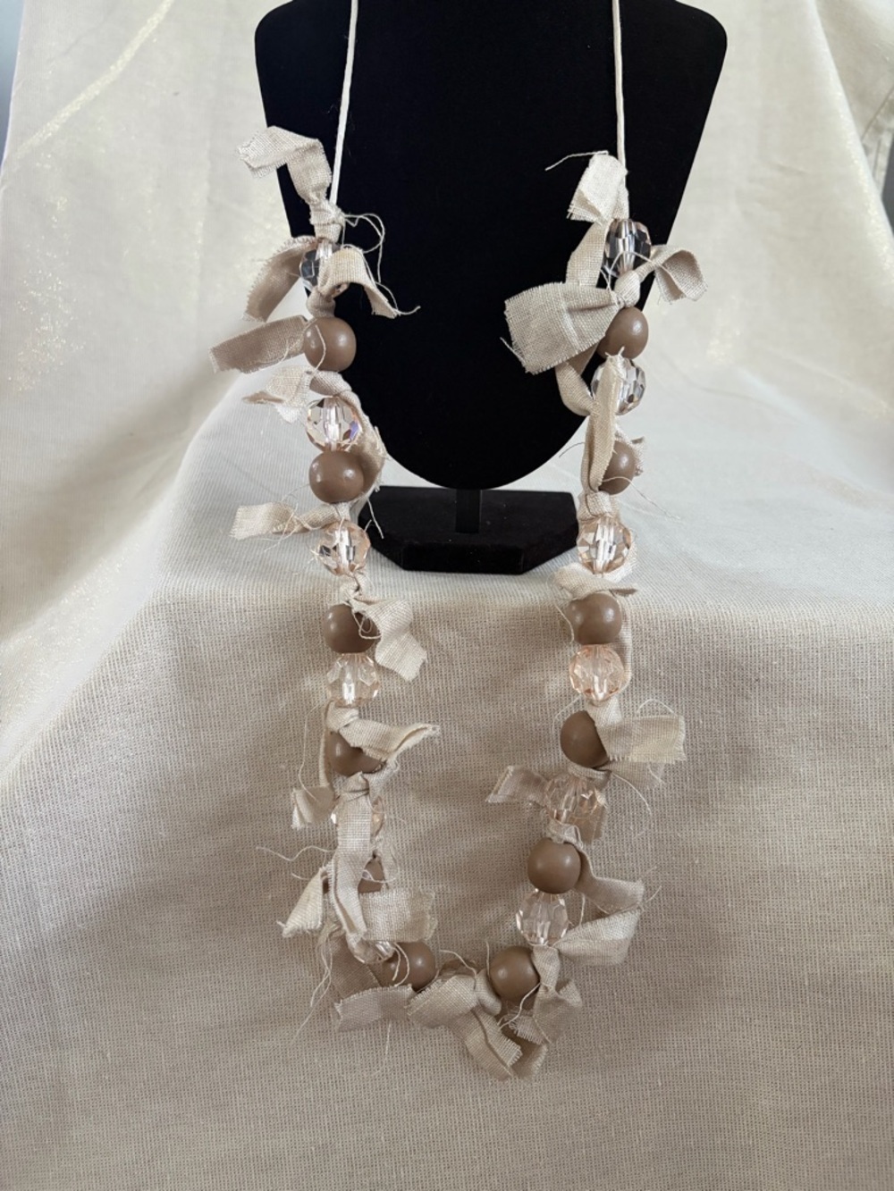 Beige Ribbon & Taupe Bead Statement Necklace